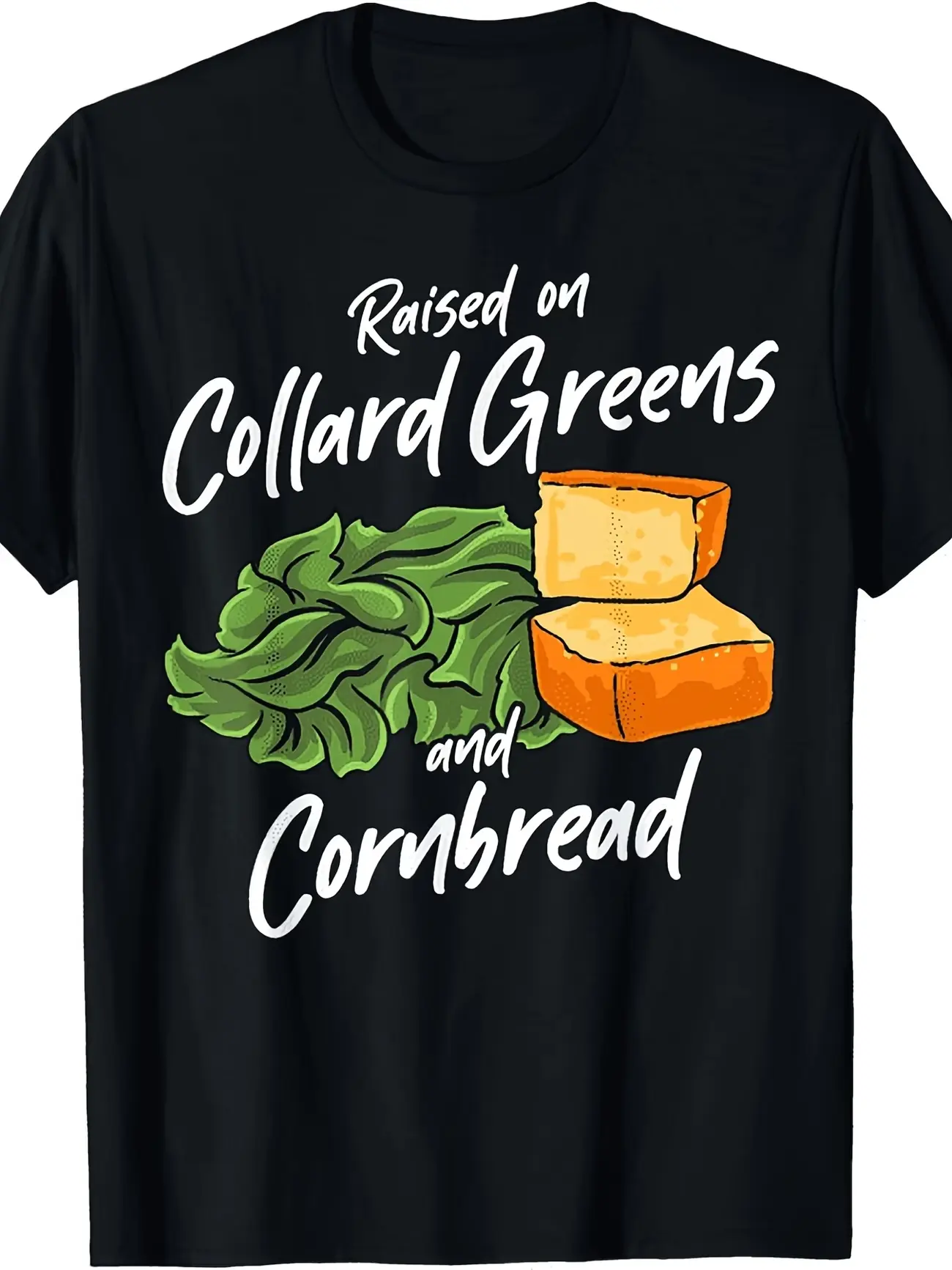Menswear Short-Sleeve T-Shirt - Unisex Heavy Vintage Southern Food Kale & Cornbread Graphic Top, Casual Crew Neck, Ideal for Barbecues, Everyday Use, Black