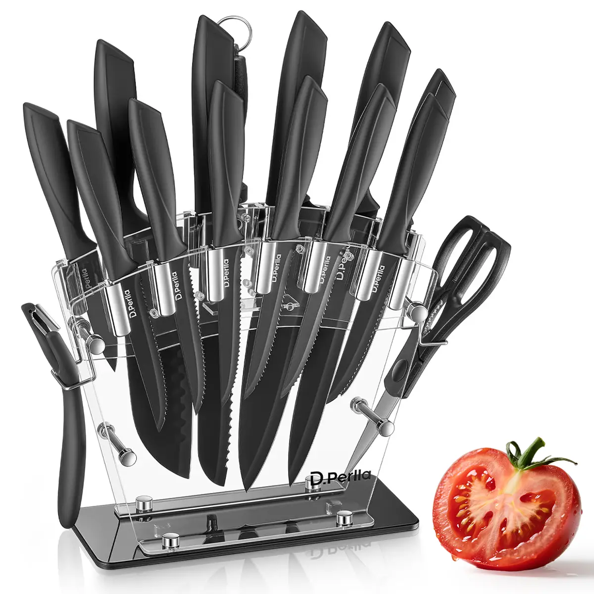 Ceramic Knife Set, D.Perlla 16 Pieces Kitchen Knife Set with Acrylic Stand, High Carbon Stainless Steel, BO Oxidation Knife Block Set, No Rust, Non Sl