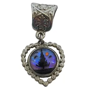 Vintage Heart Shaped Silver Tone Mid-Century Butterfly Wing Tree Scene Necklace Pendant
