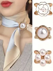 Elegant Faux Pearl Scarf Clips Set, Versatile Design for Daily Wear, Perfect Accessory for Women, Pack of Three, Flower Brooch Pin