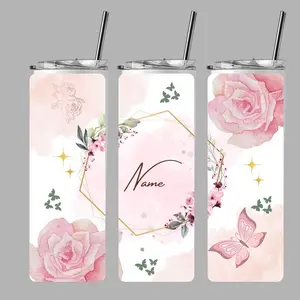 Golden Flora Personalized Tumbler with Straw - Pink Rose & Butterfly Design - Custom Name Option - Elegant Water Bottle for Women