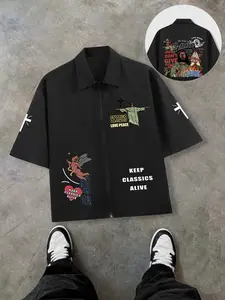 Men's Cartoon Graphic Print Pocket Short Sleeve Shirt, Loose Casual Comfy Collared Button Up Top for Summer, Fashion Men's Clothes for Daily Wear, Tropical, Casual Street Fashion, Casual Buttons Collared