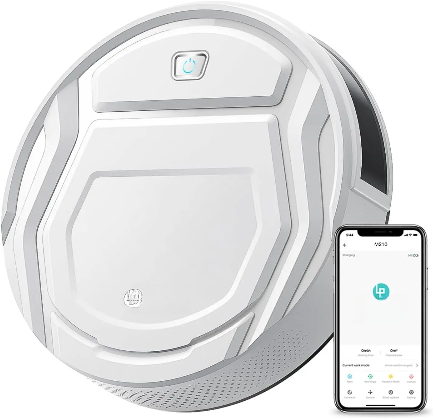 Cordless Robot Vacuum Cleaner M210 - Round Body, 11x2.99" Slim Profile, Brushless Suction Port, 120mins Runtime, Low Noise, Automatic Self-Charging, App/Alexa Control, Lithium Iron Phosphate Battery, Ideal for Hard Floor Daily Cleaning