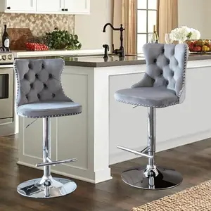 Velvet Swivel Bar Stools Set of 2 Kitchen Counter Adjustable Height Upholstered Barstools with Silver Leg and Back for Kitchen Island, Bar,
