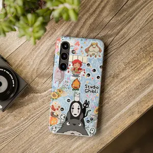 Studio Ghibli Character Collage Handheld Cellphone Casing - Rubber Shell, Wireless-Friendly, Cute Light Blue Anime Art Protective Accessory for Devices, Featuring Totoro, No-Face, Calcifer, Ponyo, Jiji, Soot Sprites, Kodama for Fans