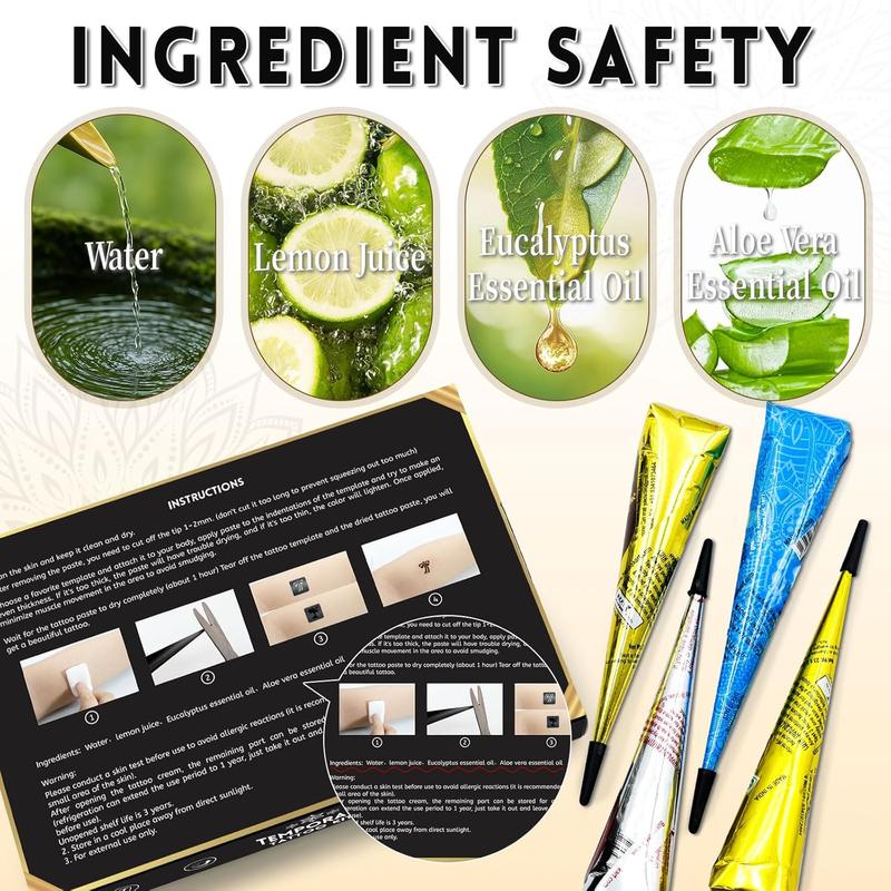 Temporary Tattoo Stencil Kit, 4 Pcs Tattoo Cones 4 Color (Black/Maroon/Cherry Red/Blue) 44 Tattoos Templates and Cotton Swabs, DIY Body Art Skin Painting Designs for Women Men Adult Girl Gifts