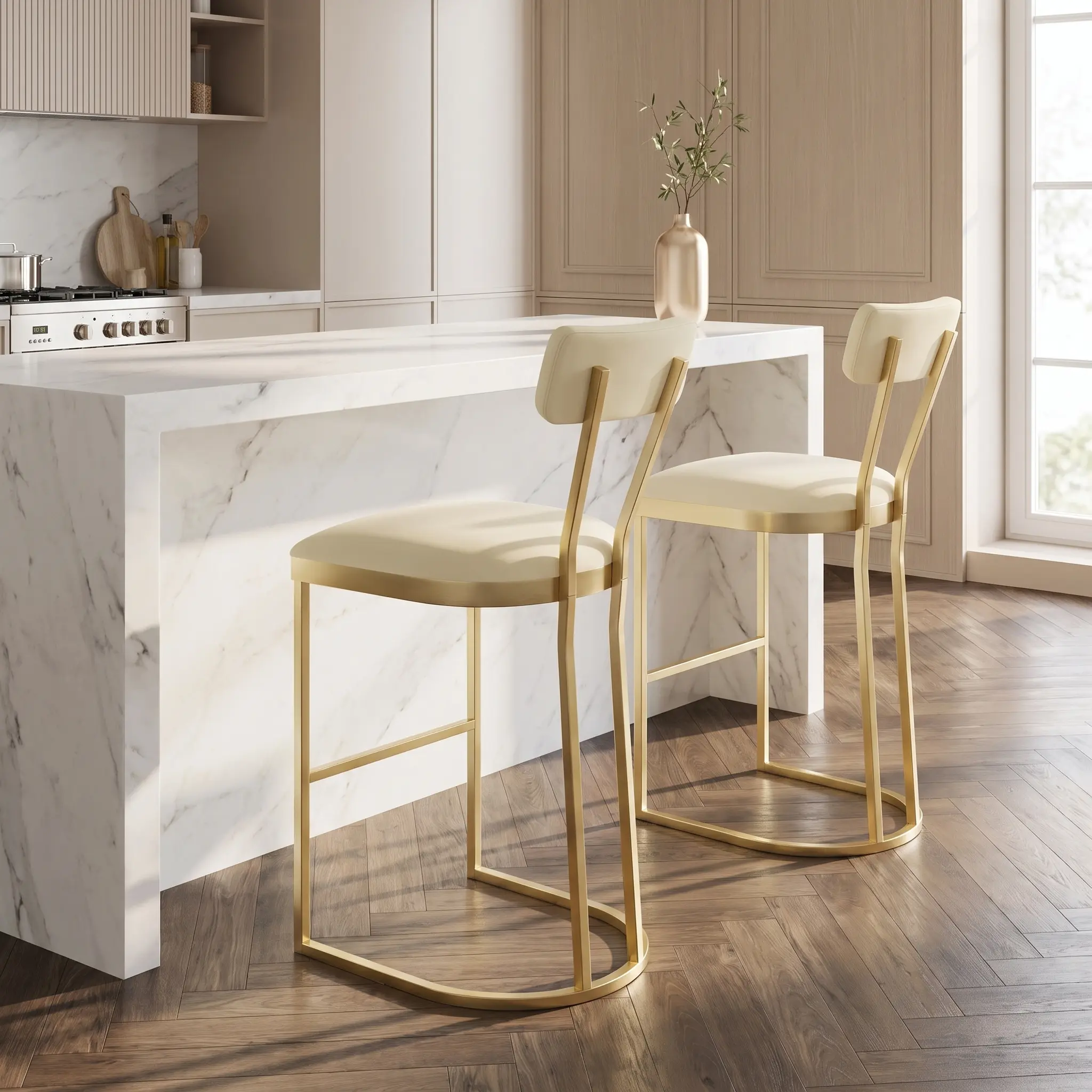 YJ-Garvee Set of 2 Modern Counter Height Bar Stools with Curved Back, Upholstered Seat, and Metal Legs in Gold - Stylish Tall Bar Chairs for Kitchen Island or Counter Seating