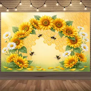 Sunflower & Bee Honeycomb Photography Backdrop - Realistic Honeycomb with Blooming Sunflowers, Durable Polyester Fabric Suitable for Birthdays, Weddings, Showers, Photo Studio Background - Multi-Size Theme Decor