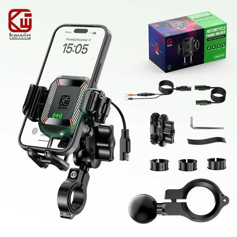 KEWIG M33A1 Motorcycle Phone Holder - Car-Compatible Shock-Proof Mount with Dual-Mode Charging, Military Shock-Absorption, Anti-Theft Lock, 1-Hand Operation, 720° Rotation, Open Camera Design, Fits 5.2-7.2” Phones
