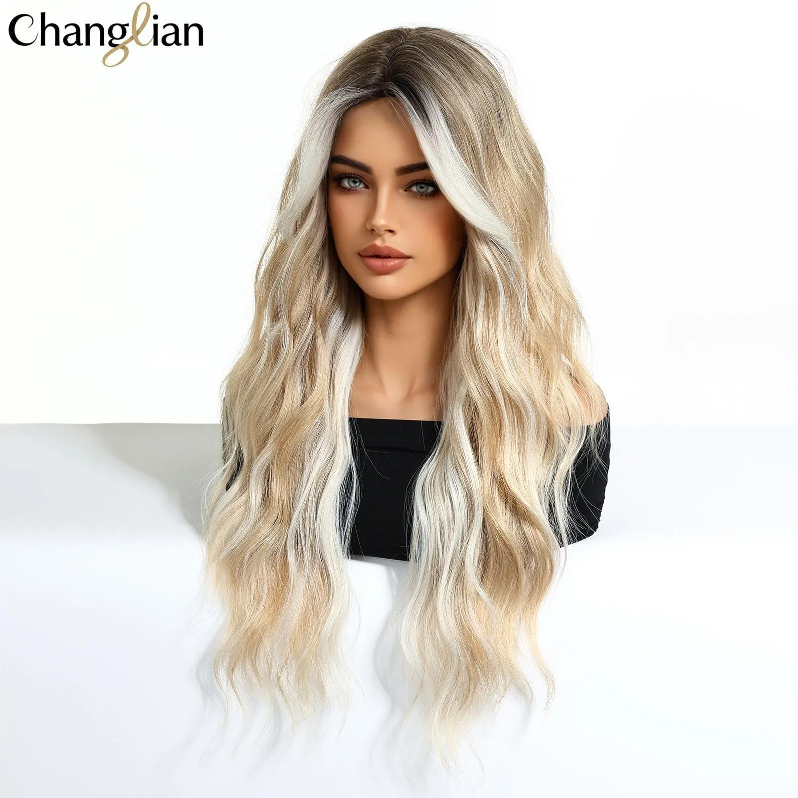 Long Wavy Platinum Blonde Wig for Women, Ash Blonde Balayage Synthetic Wig with Dark Roots, 24 Inch Heat Resistant Natural Looking Ombre Wig Heat Friendly Wig Water Wavy Wig