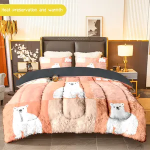 3pcs (1 comforter + 2 pillowcases) Polar Bear Print Flannel & Milk Velvet Comforter Set, Ultra - Soft and Warm Bedding Set for Adults, Cozy Milk Velvet Quilt Set, Trendy Bedding Essentials