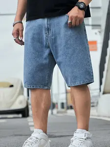 Men’s lightweight, loose straight-leg denim shorts in light blue, non-stretch casual mid-length design suitable for everyday wear and formal outfits; machine washable summer denim shorts with a classic straight cut and durable fabric. Men’s clothing.