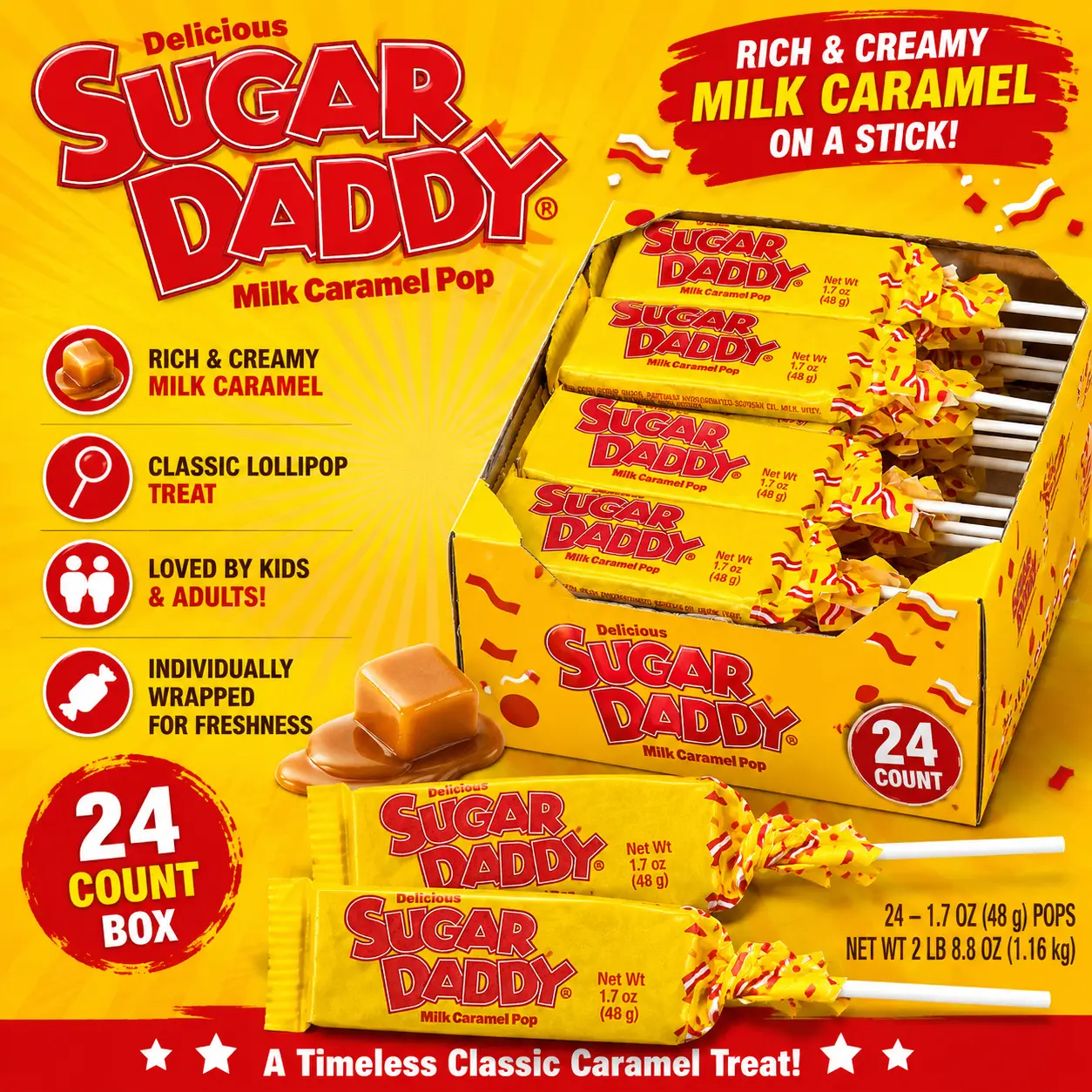 Sugar Daddy Milk Caramel Lollipop Pops 1.7 oz 24 Count Classic Caramel Candy Pops