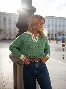 Women's Casual Colorblock Knit Long Sleeve Crewneck Sweater, V-Neck Design, All Seasons, Comfortable Fit, Stylish Women's Clothing