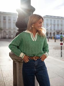 women's casual colorblock knit long sleeve crewneck sweater, v-neck design, all seasons, comfortable fit, stylish women's clothing
