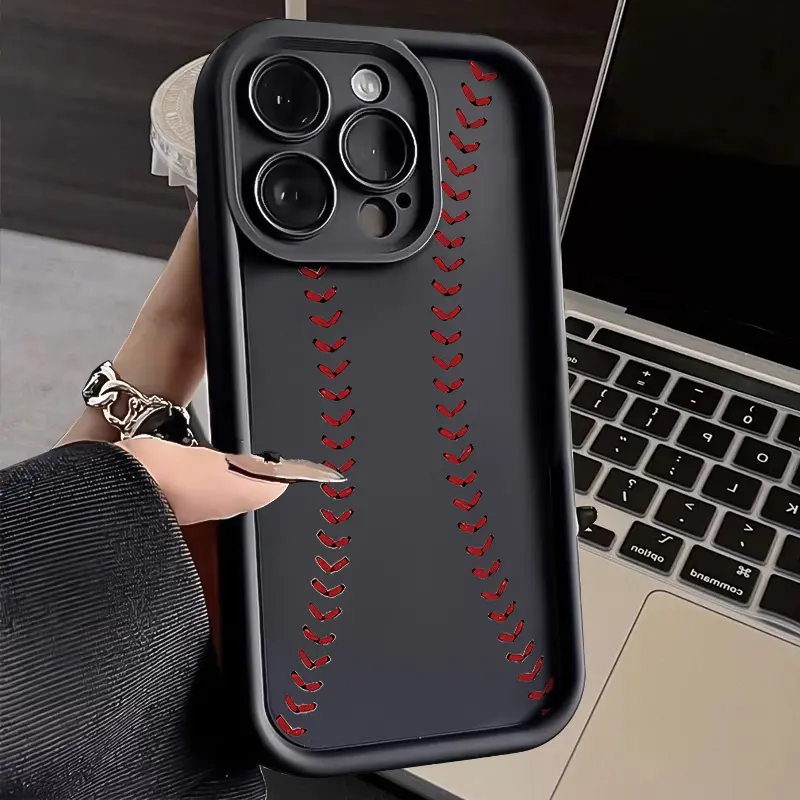 Sports Style Smartphone Case - Black Background with Red Baseball Stitching, Transparent Handheld Cellphone Protector for iPhone 16,15,14,13,12,11 Pro Max,XS,XR Devices
