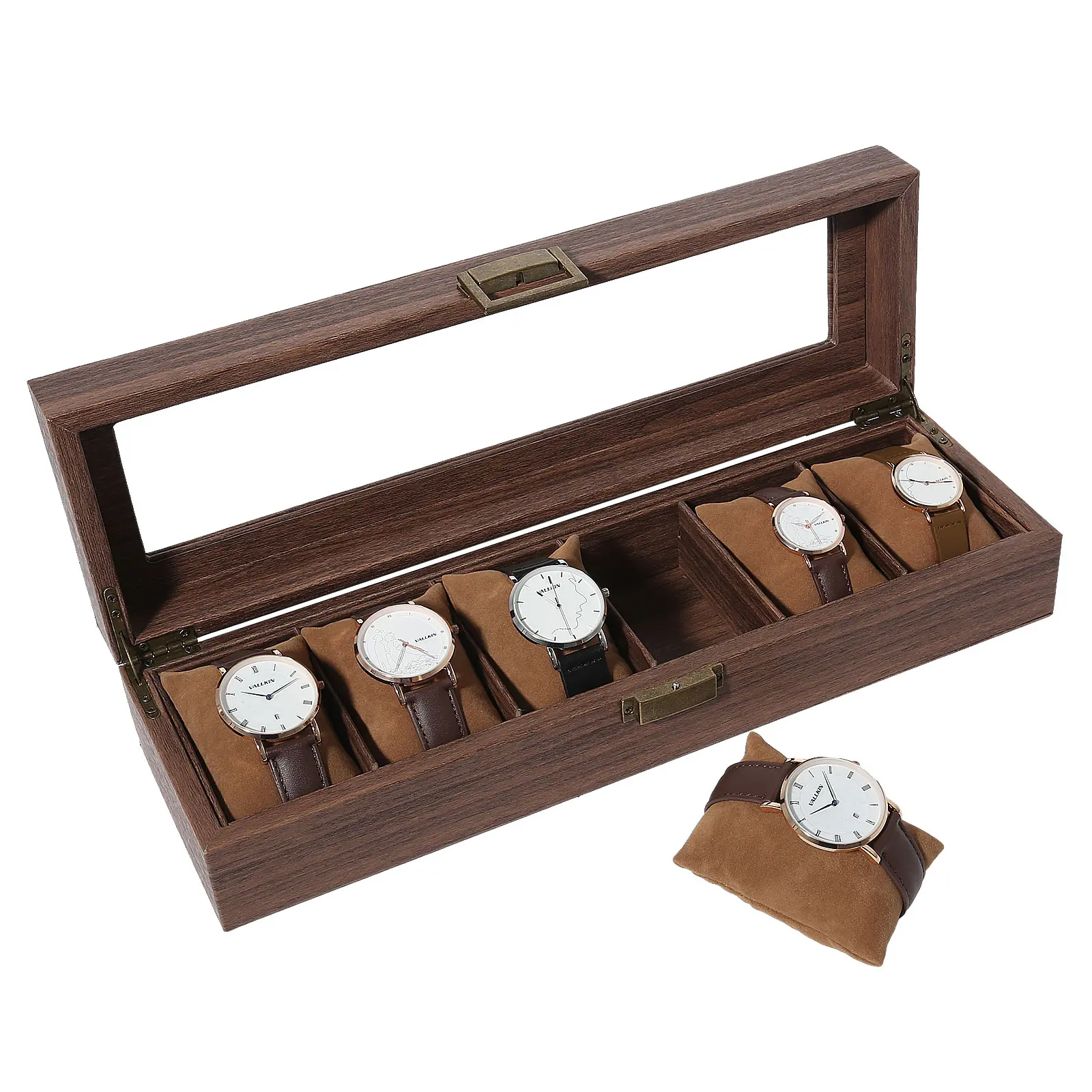 6 Slot Wooden Watch Box with Glass Lid, Brown Watch Display Case Organizer with Soft Watch Pillows, Watch Storage Box for Men & Women