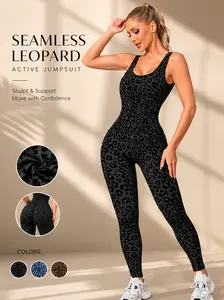 Women's Seamless Leopard Print Yoga Jumpsuit - Classic Slim Fit, Backless Strappy, Tummy Control, Soft Non-Pilling Fabric, Fall Winter Athletic Style Activewear Clothing, Full Body Jumpsuit for Fitness Running
