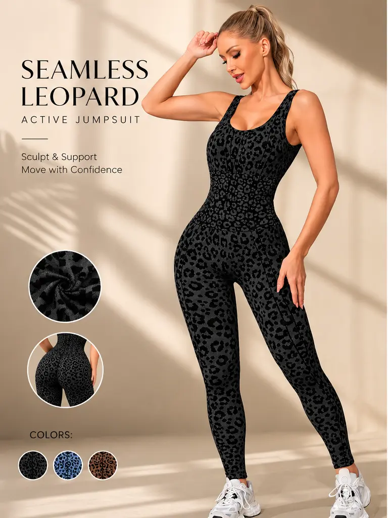 Women's Sports Jumpsuit, Leopard Jacquard Ribbed Slim Fit Bodysuit with Tummy Control & Butt Lifting, Scoop Back Activewear for Yoga & Fitness, Sports Jumpsuits, Athletic Style Activewear, Activewear Clothing