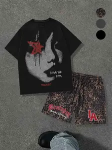 Men's Casual Two-Piece Set, Round Neck Portrait Print & Leopard Shorts, Daily Wear, Fitness Running, Trendy Comfortable Streetwear, Menswear