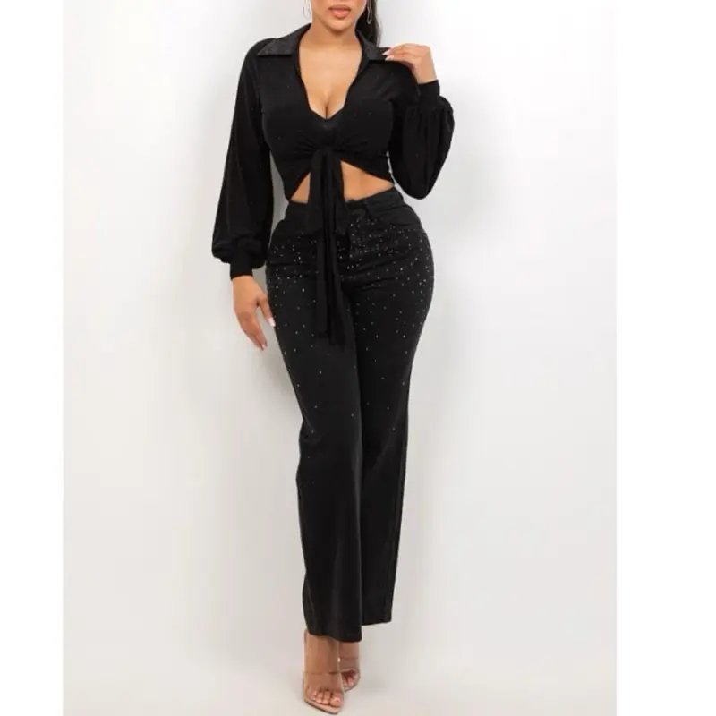 Romy Top - Stylish Black Button Front Blouse with Unique Knot Detailing Long Sleeves 95% Polyester 5% Spandex Sheer Mesh Fabric Rhinestones Stones Collared Neckline Puff Sleeves Comfortable Fit