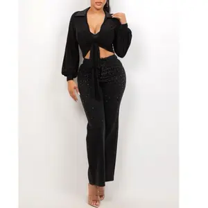 Romy Top - Stylish Black Button Front Blouse with Unique Knot Detailing Long Sleeves 95% Polyester 5% Spandex Sheer Mesh Fabric Rhinestones Stones Collared Neckline Puff Sleeves Comfortable Fit