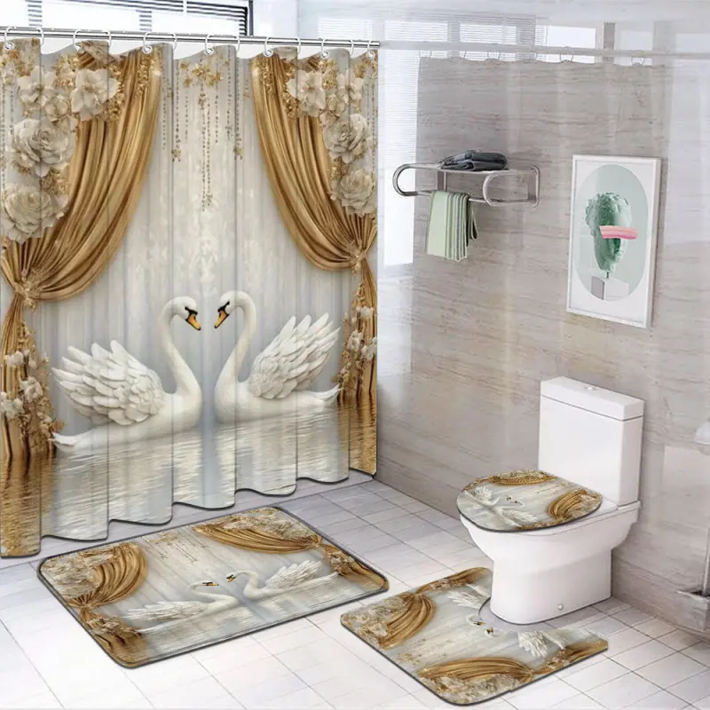 1/4-piece vintage swan pattern shower curtain set comes with 12 hooks. The bathroom decor set includes a non-slip mat, toilet seat cover, and toilet lid cover. It can be used for bedroom décor, home decor, and is a perfect gift choice.
