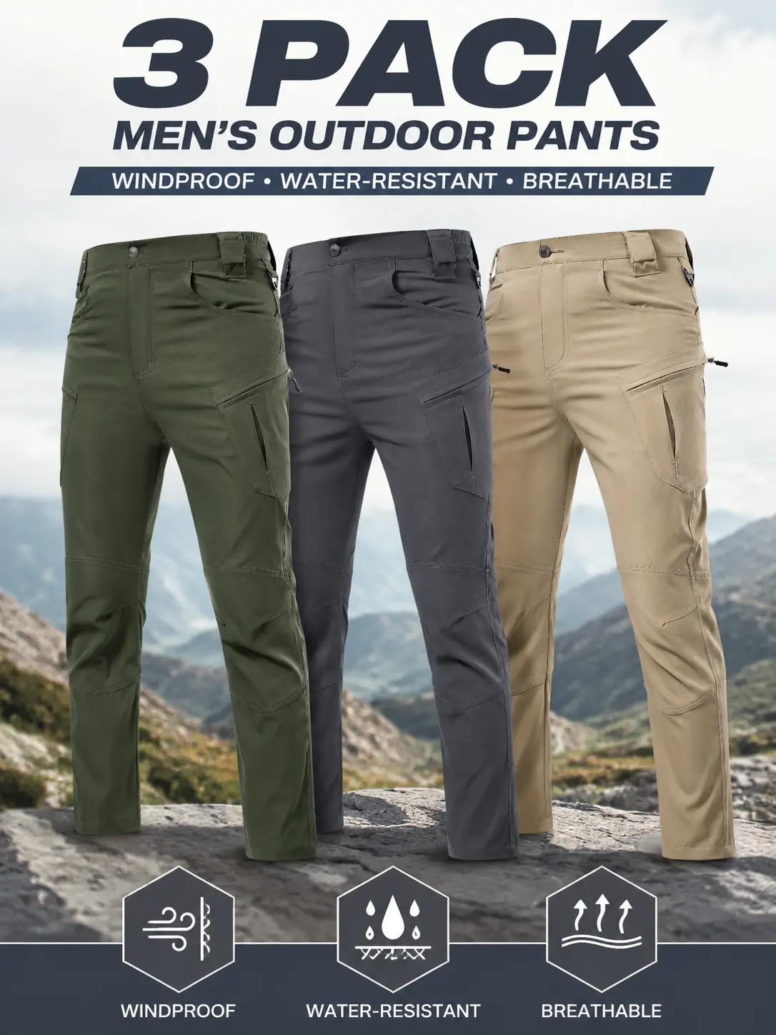ZMZY Men's Cargo Pants slim fit trousers Casual Streetwear for Everyday & Commuting, breathable wear-resistant fabric, straight-leg plain design, multiple zippered pockets, 3pcs khaki+black+army green pack option