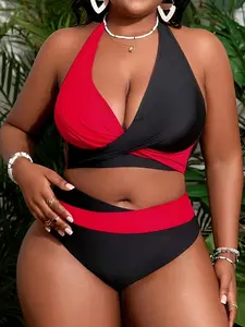 Plus Size Colorblock Bikini Set, Casual Swim Top & Swim Bottom Two-piece Swimsuit for Summer, Women's Swimwear for Beach Holiday Vacation, Halter Top Swimwear, Tankini Swimwear