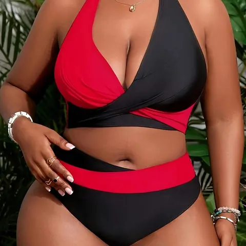 Plus Size Colorblock Bikini Set, Casual Swim Top & Swim Bottom Two-piece Swimsuit for Summer, Women's Swimwear Sets for Beach Holiday Vacation