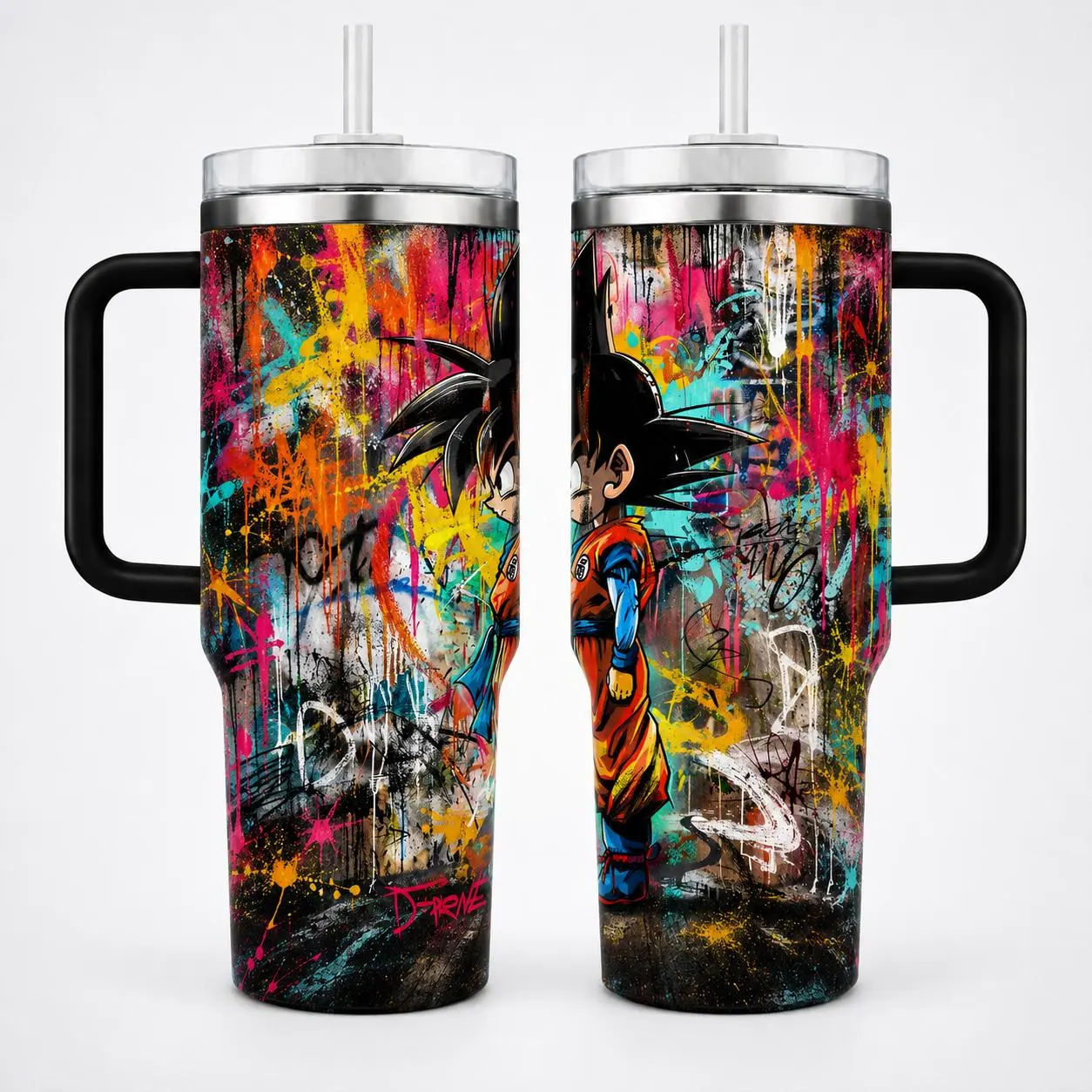 Little Saiyan Kid Anime 40oz Tumbler with Handle, Dragon Warrior Graffiti Manga Cup, Shonen Fan Gift
