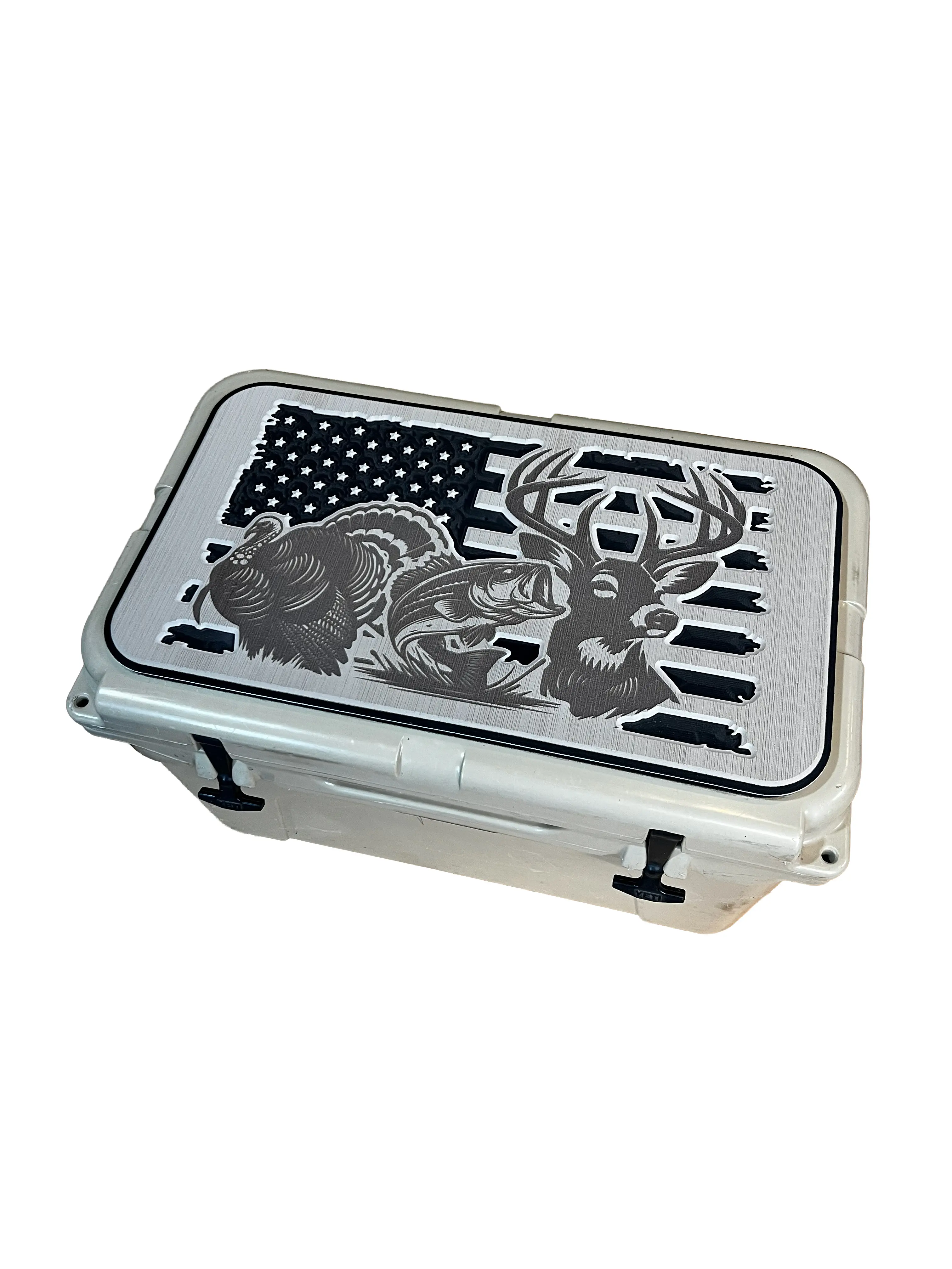 YETI Cooler Pad - Grey/Black PE Mat with American Flag, Whitetail Buck, Strutting Gobbler Turkey or Bass, 3M Adhesive, Fits Tundra, Roadie, Haul & Wheeled Cooler Lids, Made in USA Camping Cooler Accessory