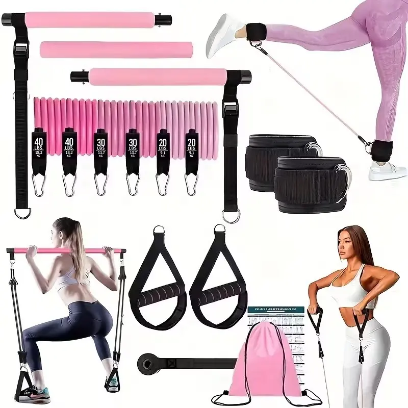 Pilates Bar Set with 6 Resistance Bands (180lbs), Pilates Sport Set, Exercise Bands for Legs, Multi-Functional Fitness Trainer, Yoga Equipment, Home Gym Workout for Legs, Butt, Waist, Arms, Pilates Essential Kit