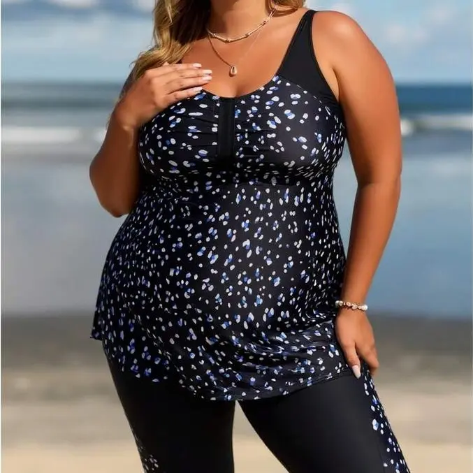 Women's 2026 New Plus Size Tankini Swimsuit 2-Piece Set, Nylon Blend Sunproof Modest Swimwear with Rash Guard Relaxed-Fit Flowy Swim Top & Capris Shorts, UPF 50+ Sun Protection, Two Piece Set Tankiniswimsuit