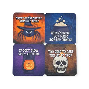 Halloween Coasters Set of 4 - Funny Spider Witches Brew Skull Designs Durable Neoprene Coasters for Drinks 4" Square Protects Surfaces