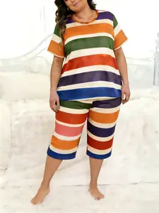Women's Rainbow Striped Plus Size Short Sleeve Seven-Quarter Pants Sleepwear Set, Loose Fit Comfortable Home Two-Piece Suit