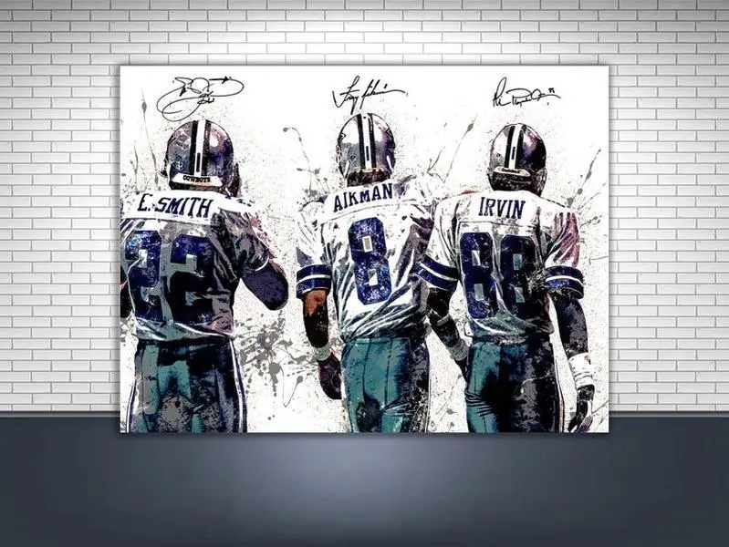 Troy Aikman, Emmitt Smith, Michael Irvin Poster, Dallas Cowboys, "The Big Three", No Frame Wrap, Kids Room, Man Cave, Game Room
