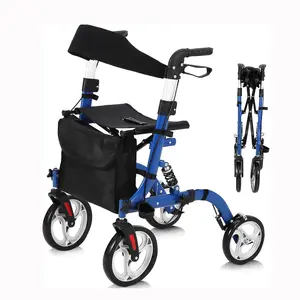 Walker for Seniors, Rollator Walker with Seat, Shock Absorber, 12" Rubber Wheels All Terrain Rollator Chair, Lightweight Aluminum Rollator with Backrest Outdoor Foldable Adjustable Height for Seniors