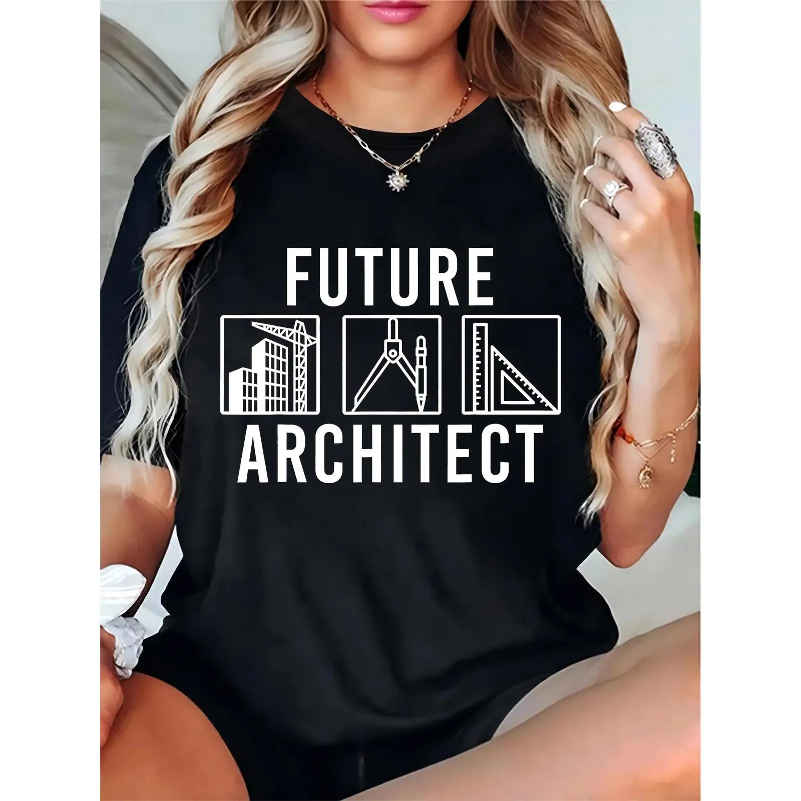 Women’s Future Architect Black T-Shirt with Construction Crane, Drafting Compass & Ruler Graphics – Casual Daily/Architecture Student Outfit
