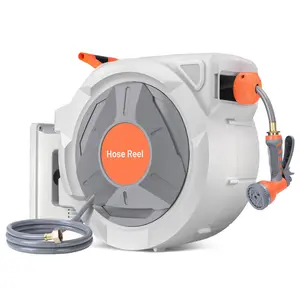 Retractable Garden Hose Reel, 1/2 in x 130 ft Wall Mounted Water Hose Reel with 9-Function Sprayer, Any Length Lock, 180° Swivel Bracket, Auto Rewind, Outdoor Garden Tools,Grey