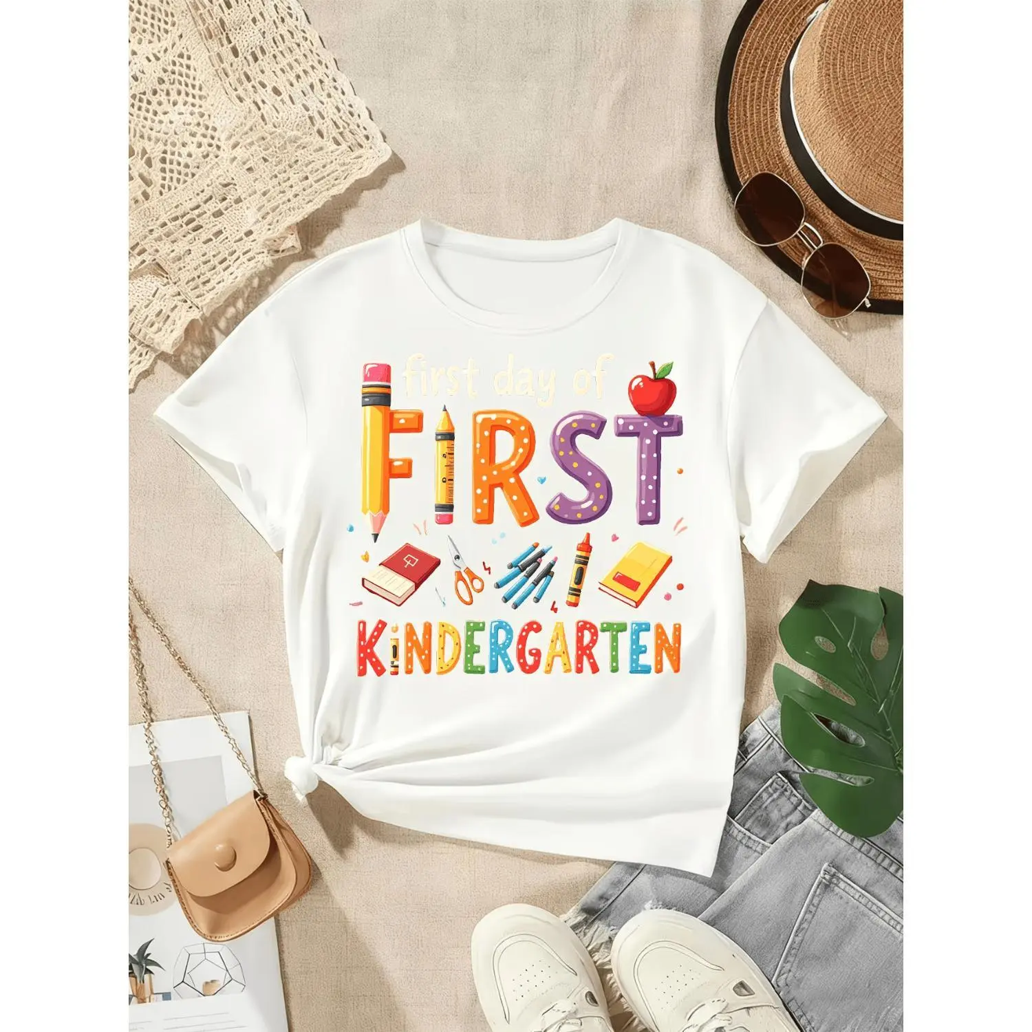 First Day of Kindergarten Boys and Girls Cotton T Shirt Casual Crew Neck Short Sleeve Slight Stretch Printed Graphic Regular Fit Comfortable