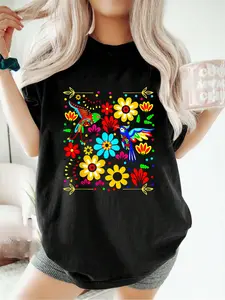 100% pure cotton Floral Bird Otomi Mexican Style Mexicano Mexicana T-Shirt printed t-shirts for women