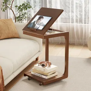 【Summer】TimberKnows Walnut C-Shaped Wooden End Table with Adjustable Top, Rolling Sofa Side Table with 2 Lockable Wheels, Compact 23.36" Wide Table for Couch, Living Room, or Bedroom