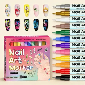 Nail Art Brush, 12 Vibrant Colors Fine Tip Nail Marker Pens, Easy-To-Use Nail Art Tool, Ideal for DIY at Home, Nail Salons, Holiday Makeup