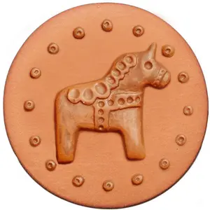 039 Dala Horse Rycraft 2" round Cookie Stamp with handle and glaze, for decorating cookies and fondant as well as paper and clay crafts. Handmade in the USA since 1968.