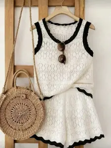 Summer Beach Hollow Out Two-Piece Set, Colorblock Casual Vest Top, Fashion Elegant Style, Loose Fit Knit Shorts, Women's Ensemble