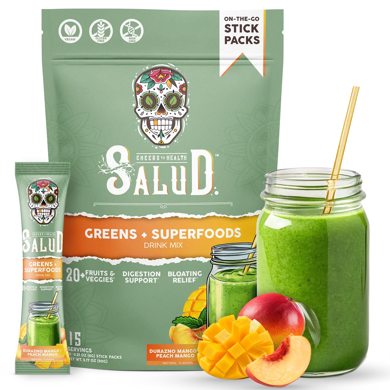 Salud 2-in-1 Greens Powder + Superfood Drink Mix Packets, 20+ Fruits and Veggies, Probiotics, Prebiotics, Supports Digestive Health, Bloating Relief,