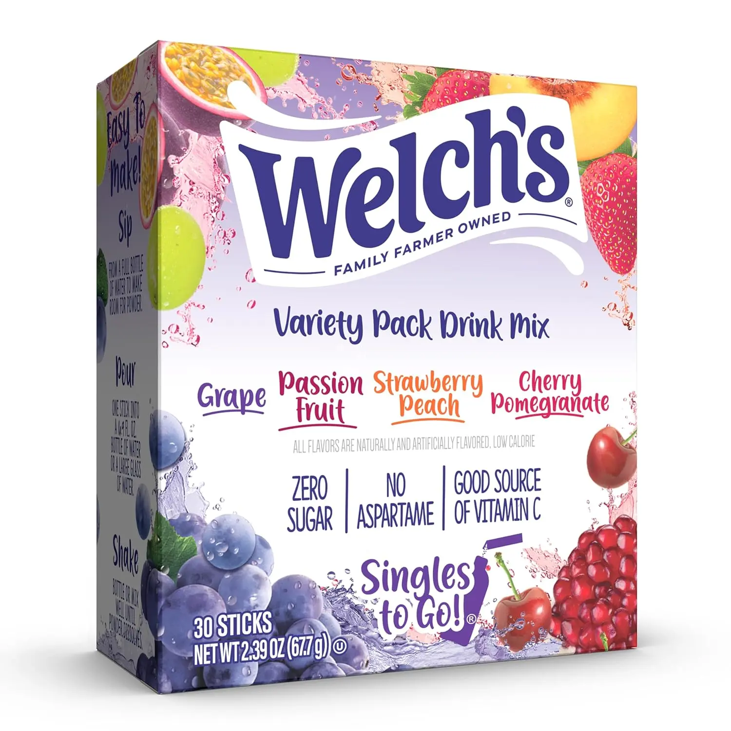 Powdered Drink Mix, Variety Pack, 30 Packets | Sugar Free Water Flavoring Packets, 1 box Includes 4 Flavors, Grape, Passion Fruit, Strawberry Peach, Cherry Pomegranate