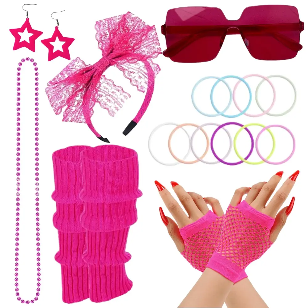 80s Outfit for Women Lace Headband Earrings Fishnet Gloves Necklace Bracelet Fancy Dress Costume Accessories for 80s 90s Themed Party