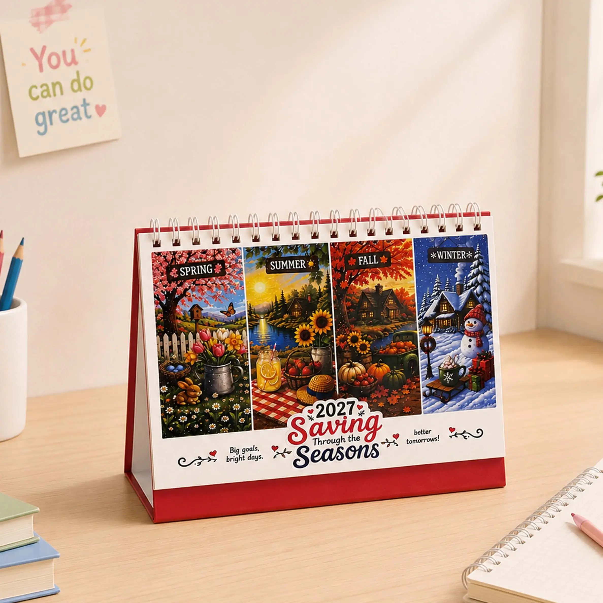 2027 Savings Challenge Desk Calendar – Roll the Dice Money Saving Game for Kids & Family, Standing Flip Calendar with Tracker, 12-Month Seasonal Designs, Fun Budget & Financial Habit Gift